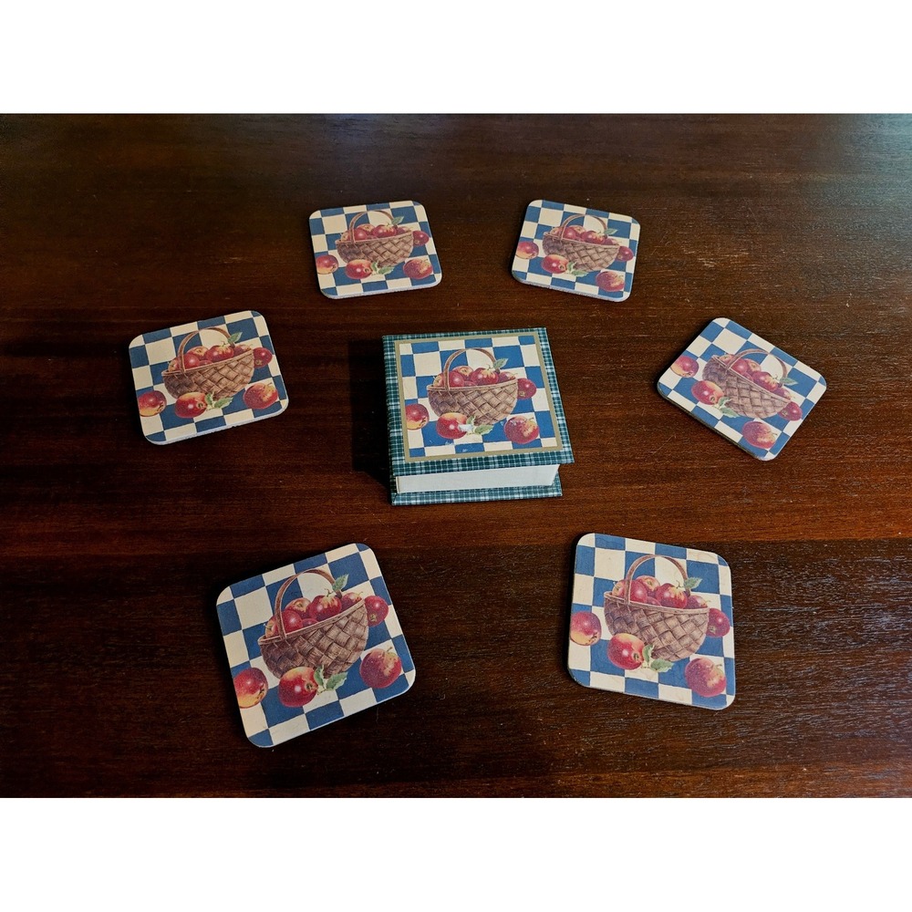 Legacy Publishing Group Coasters Set 6 Blue White Checkered Apple Basket Country